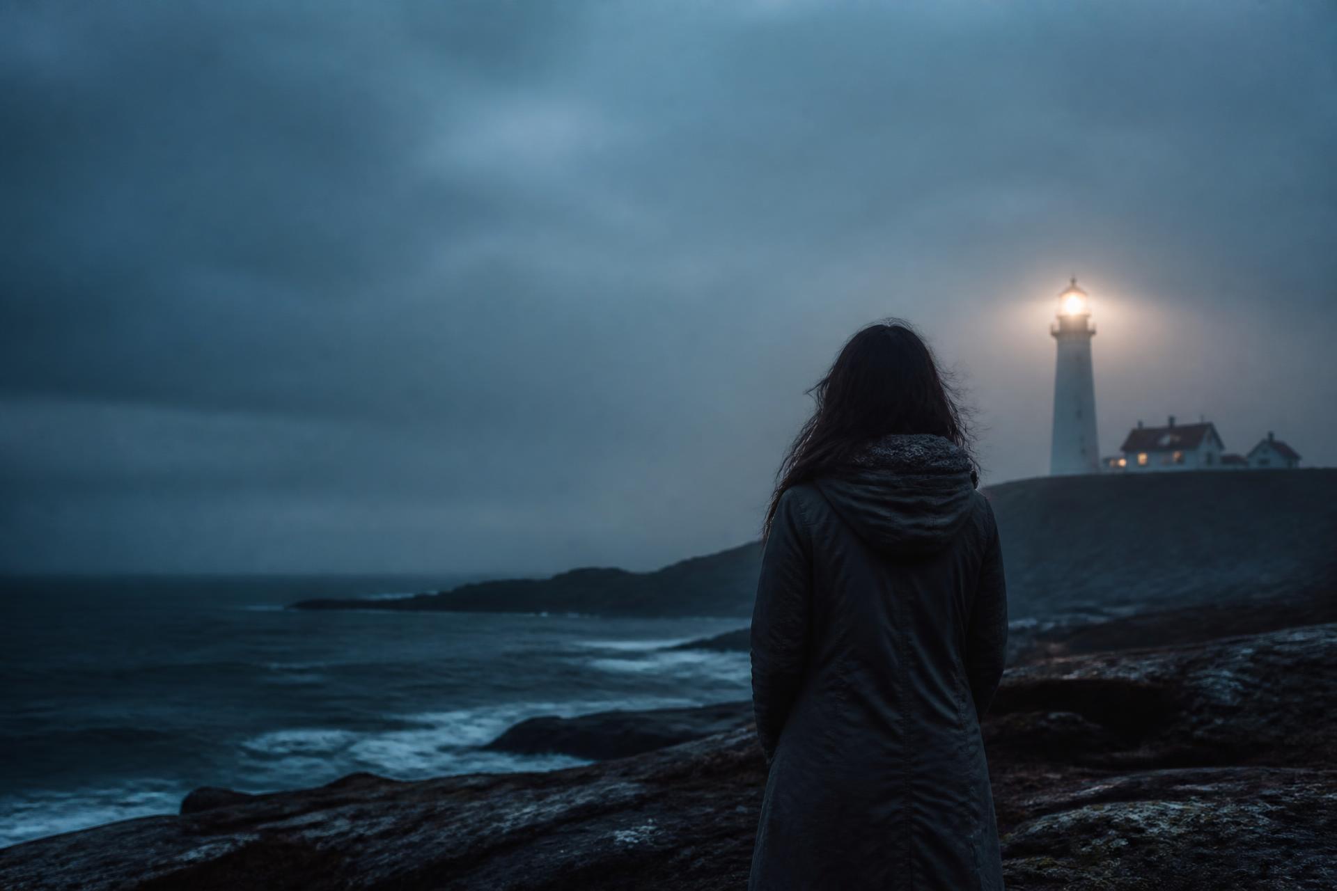 Mulher olhando para um farol em uma noite de neblina